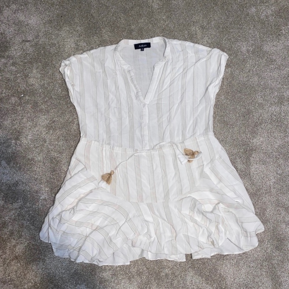 Aakaa Cream and Tan Striped Mini Dress with Tassel Tie